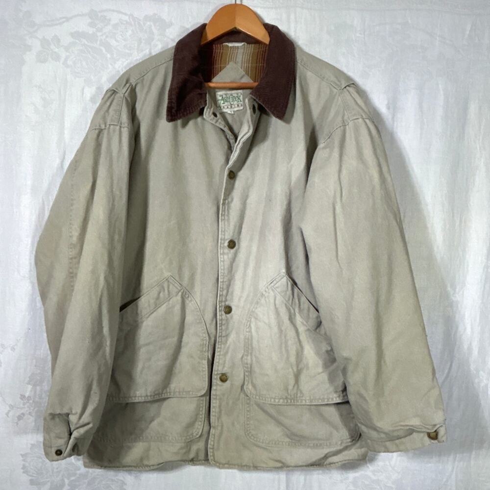VTG Chore Coat Large Tan Canvas Brown Corduroy Collar Flannel Lined Ash Creek